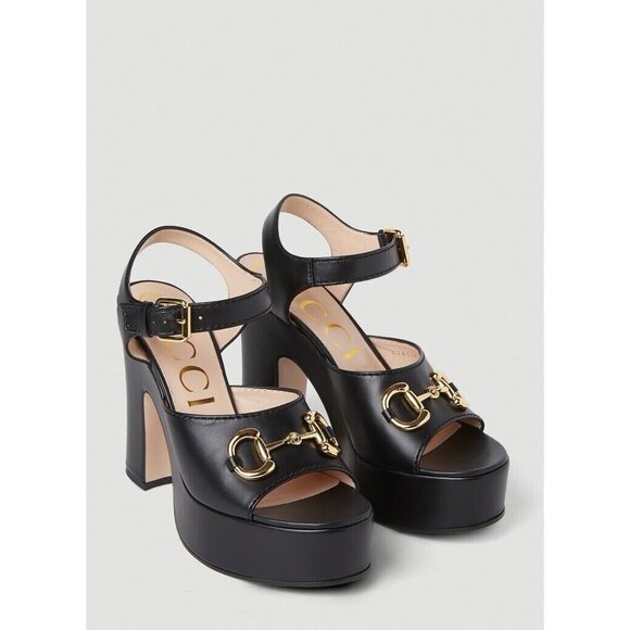 NEW GUCCI Horsebit Platform Sandals Black Leather Sz 39 Heels Shoes - Picture 1 of 11